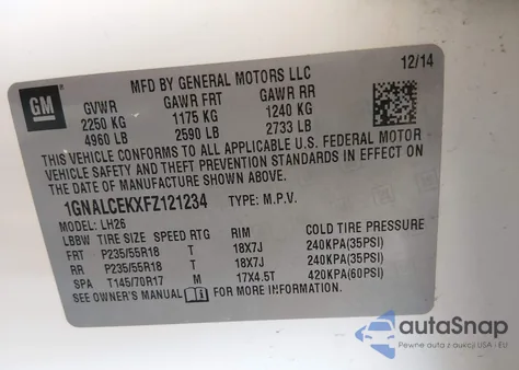 2015 Chevrolet Equinox 2Lt z USA, uszkodzony, nr VIN 1GNALCEKXFZ121234